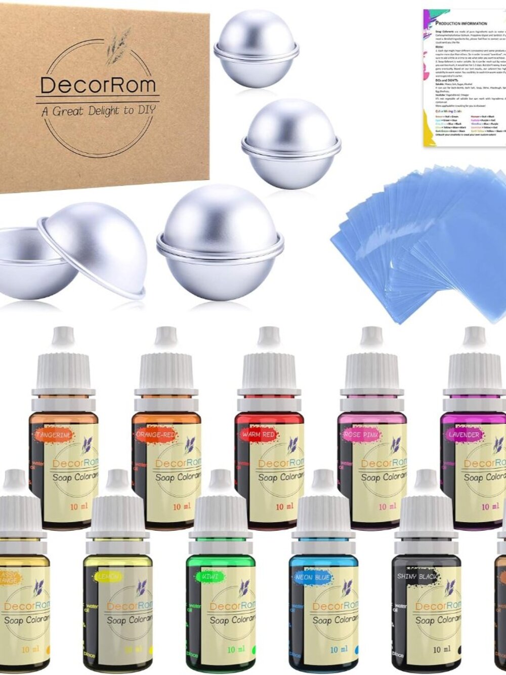 Bath Bomb Mold Set with Soap Colorant,Shrink Wrap Bags - Food Grade Skin Safe So